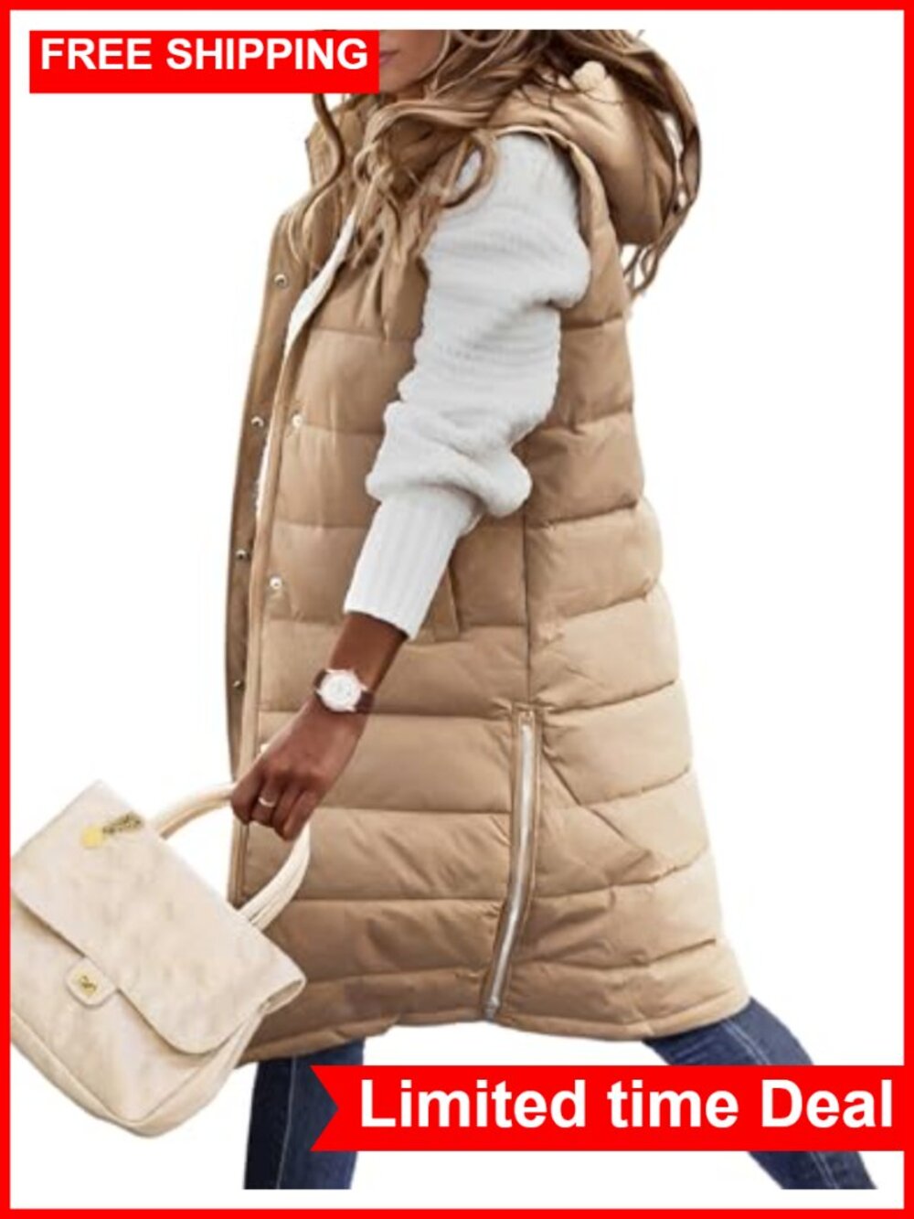 Long Hooded Puffer Vest Sleeveless Zip Up Winter Warm Quilted